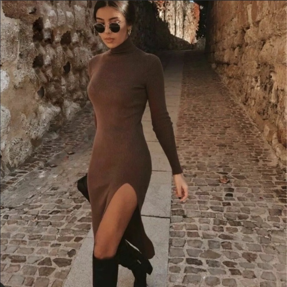 ZARA knit mock neck midi dress with thigh split